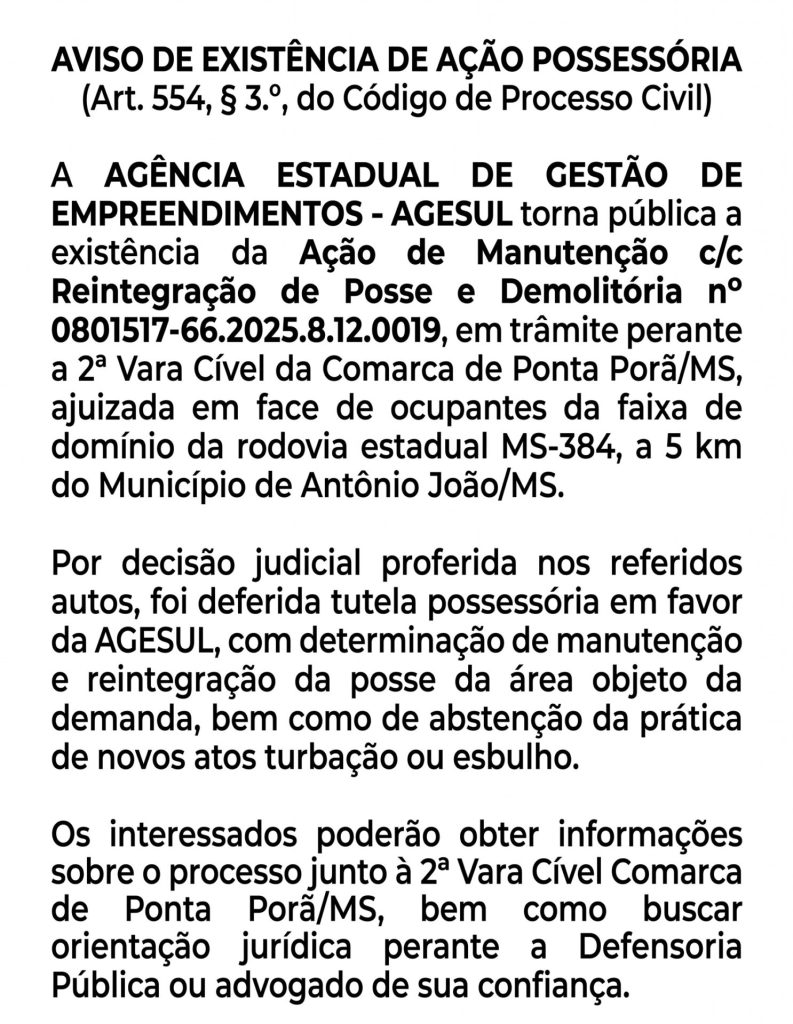 determinação judicial de reintegração de posse na MS-384, em Antônio João – Agência de Noticias do Governo de Mato Grosso do Sul